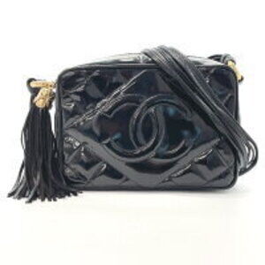 Chanel Coco Mark fringe shoulder bag patent leather black